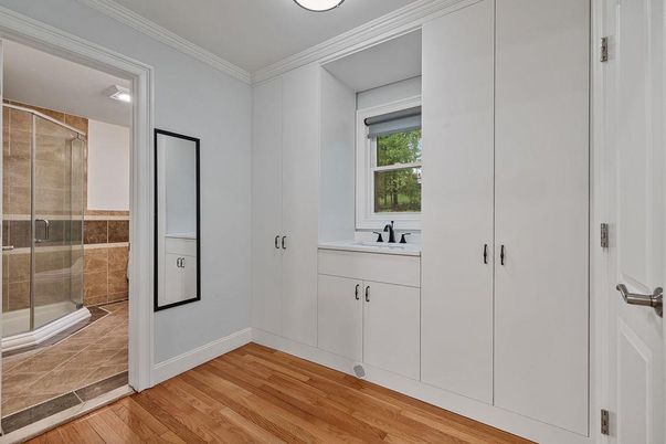 Bathroom, Glass Shower, Interior, Wood Texture Flooring