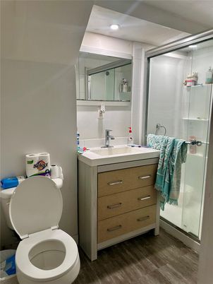 Bathroom, Glass Shower, Interior, Recessed Lighting, Wood Texture Flooring