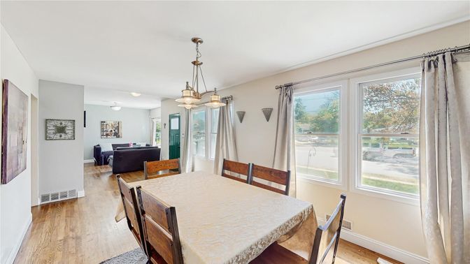 Dining room, Interior, Living room, Pendant Lights, Wood Texture Flooring