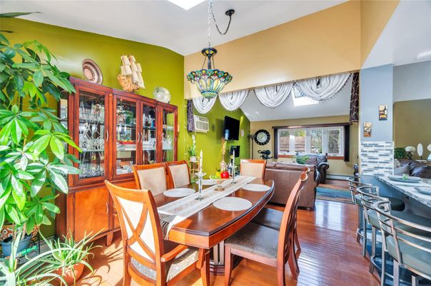 Dining room, Interior, Living room, Pendant Lights, Wood Texture Flooring