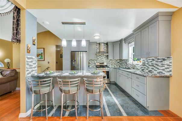 Interior, Kitchen, Pendant Lights, Stainless Steel Appliances, Wood Texture Flooring