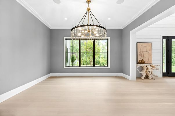 Chandelier, Empty room, Interior, Pendant Lights, Recessed Lighting, Wood Texture Flooring