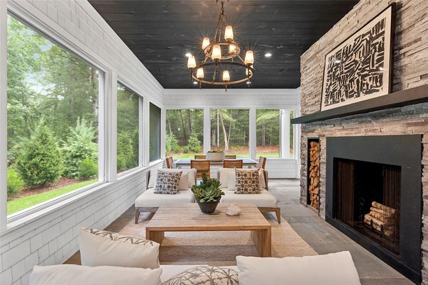 Chandelier, Dining room, Fireplace, Interior, Living room, Sun Room