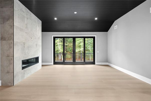 Empty room, Fireplace, Interior, Recessed Lighting, Wood Texture Flooring