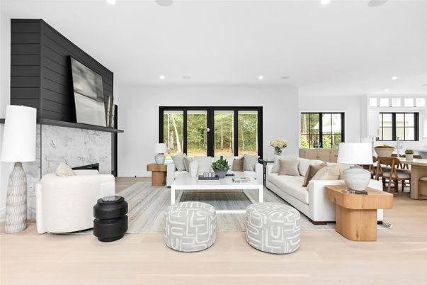 Dining room, Fireplace, Interior, Living room, Recessed Lighting, Wood Texture Flooring
