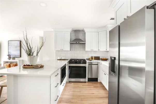 Interior, Kitchen, Recessed Lighting, Stainless Steel Appliances, Wood Texture Flooring