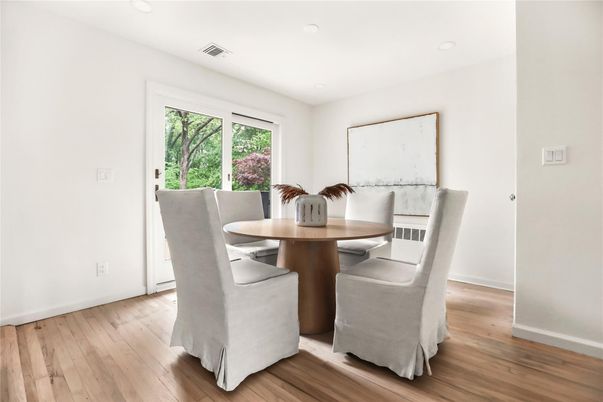 Dining room, Interior, Recessed Lighting, Wood Texture Flooring