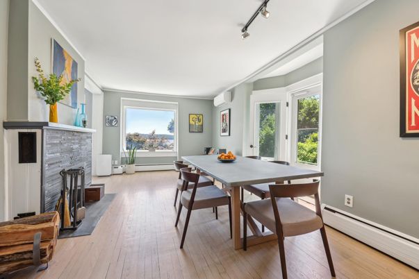 Dining room, Fireplace, Interior, Wood Texture Flooring