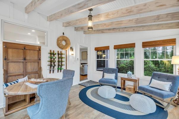Interior, Living room, Pendant Lights, Recessed Lighting, Wooden Beams, Wood Texture Flooring
