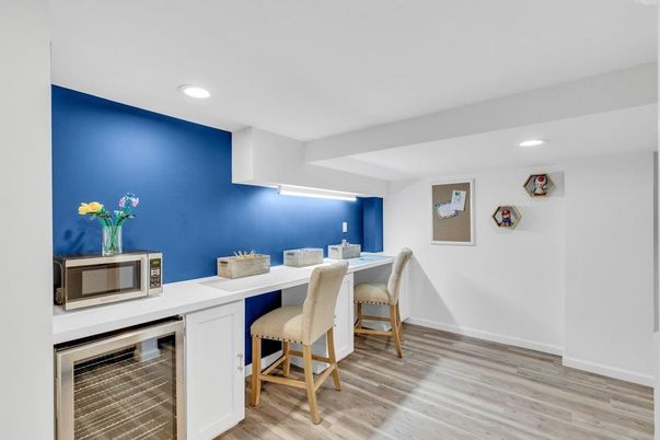 Dining room, Interior, Recessed Lighting, Wood Texture Flooring