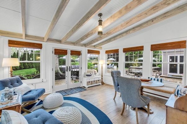 Dining room, Interior, Living room, Pendant Lights, Wooden Beams, Wood Texture Flooring