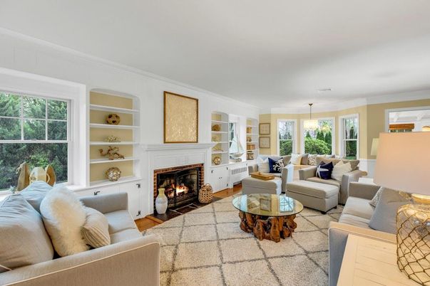 Dining room, Fireplace, Interior, Living room, Pendant Lights, Wood Texture Flooring