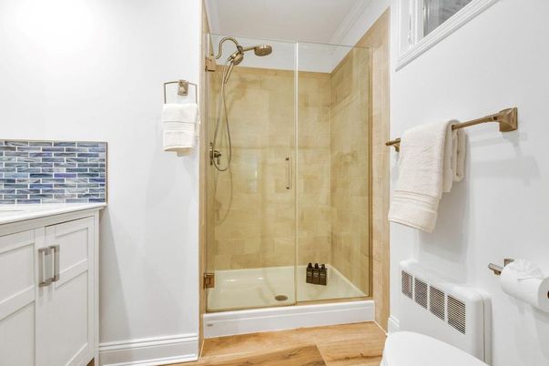 Bathroom, Glass Shower, Interior, Wood Texture Flooring