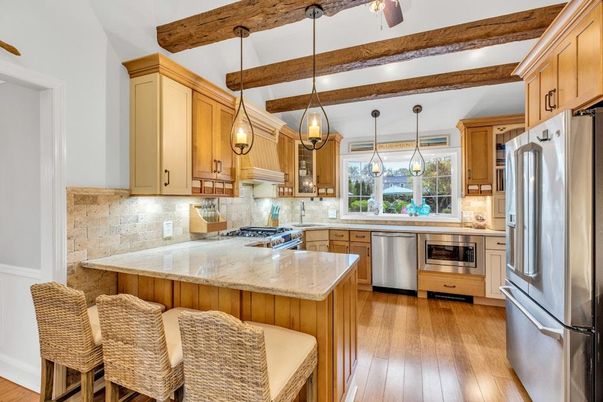 Interior, Kitchen, Pendant Lights, Stainless Steel Appliances, Wooden Beams, Wood Texture Flooring