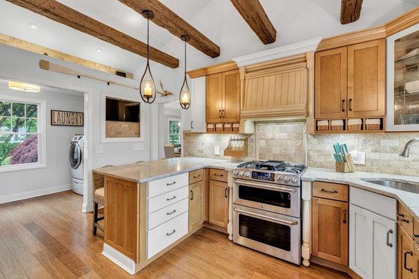 Interior, Kitchen, Pendant Lights, Recessed Lighting, Stainless Steel Appliances, Washer, Wooden Beams, Wood Texture Flooring