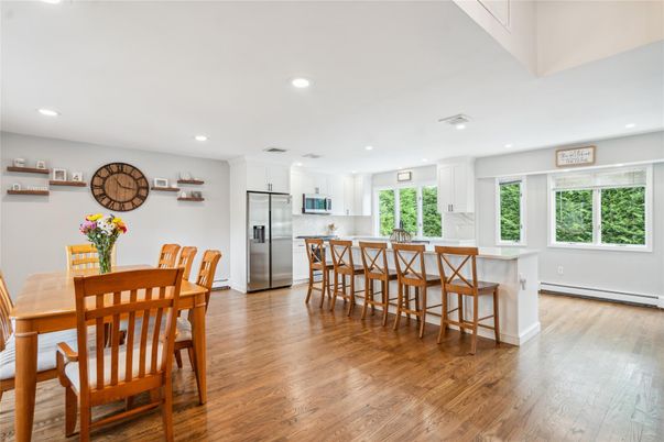 Dining room, Interior, Kitchen, Recessed Lighting, Stainless Steel Appliances, Wood Texture Flooring