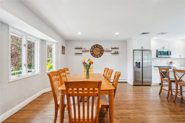 Dining room, Interior, Kitchen, Recessed Lighting, Stainless Steel Appliances, Wood Texture Flooring