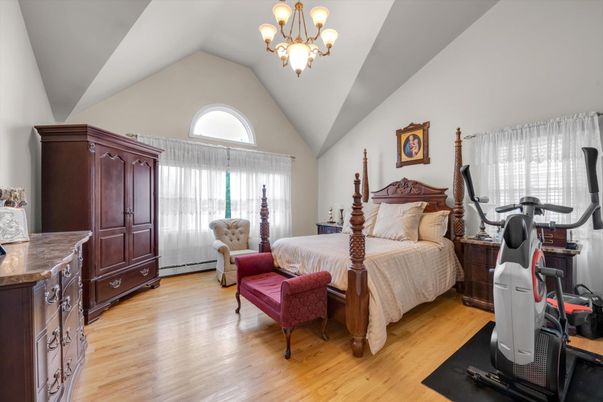 Bedroom, Chandelier, Fitness Equipment, Interior, Wood Texture Flooring