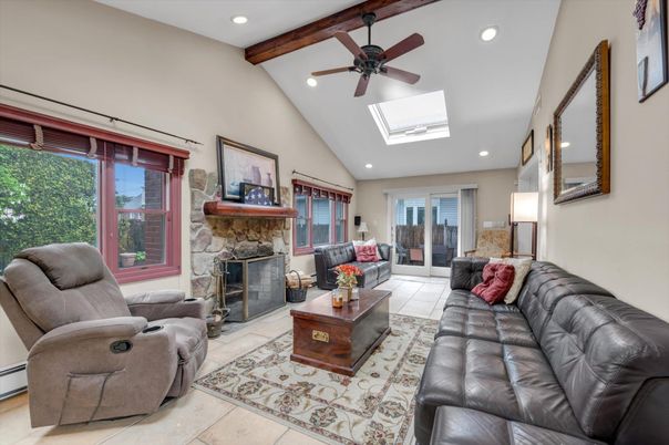 Fireplace, Interior, Living room, Recessed Lighting, Wooden Beams