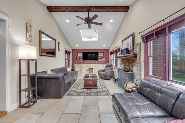 Fireplace, Interior, Living room, Recessed Lighting, Wooden Beams