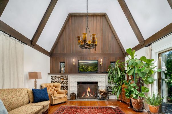 Chandelier, Fireplace, Interior, Living room, Pendant Lights, Wooden Beams, Wood Texture Flooring, Wooden Walls