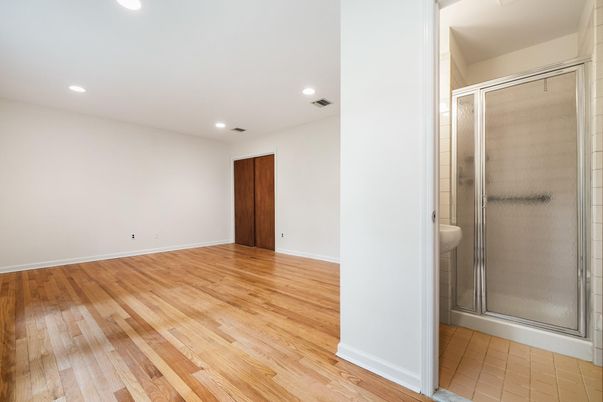 Bathroom, Empty room, Interior, Recessed Lighting, Wood Texture Flooring