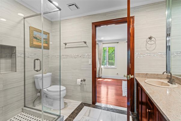 Bathroom, Glass Shower, Interior, Marble, Recessed Lighting, Wood Texture Flooring