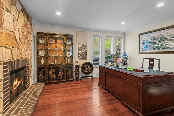 Fireplace, Home Office, Interior, Recessed Lighting, Stone Walls, Wood Texture Flooring