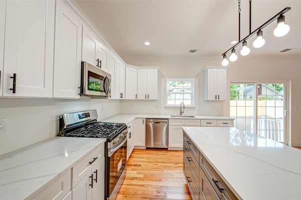 Interior, Kitchen, Recessed Lighting, Stainless Steel Appliances, Wood Texture Flooring