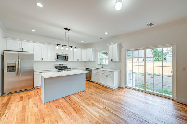 Interior, Kitchen, Pendant Lights, Recessed Lighting, Stainless Steel Appliances, Wood Texture Flooring