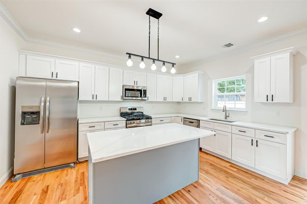 Interior, Kitchen, Pendant Lights, Recessed Lighting, Stainless Steel Appliances, Wood Texture Flooring