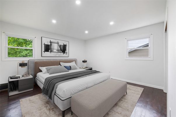 Bedroom, Interior, Recessed Lighting, Wood Texture Flooring