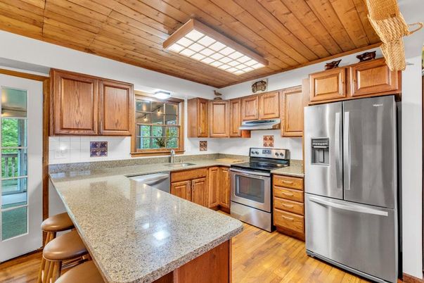 Interior, Kitchen, Stainless Steel Appliances, Wooden Ceilings, Wood Texture Flooring
