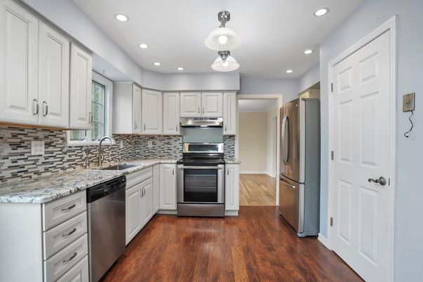 Interior, Kitchen, Recessed Lighting, Stainless Steel Appliances, Wood Texture Flooring