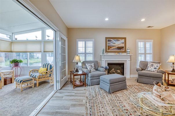 Fireplace, Interior, Living room, Recessed Lighting, Wood Texture Flooring