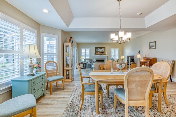 Chandelier, Dining room, Fireplace, Interior, Pendant Lights, Recessed Lighting, Wood Texture Flooring
