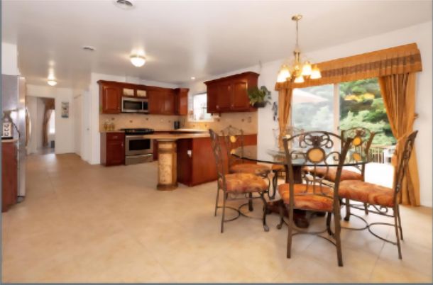 Chandelier, Dining room, Interior, Kitchen, Recessed Lighting, Stainless Steel Appliances