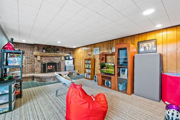 Fireplace, Interior, Recessed Lighting, Stone Walls, Wooden Walls