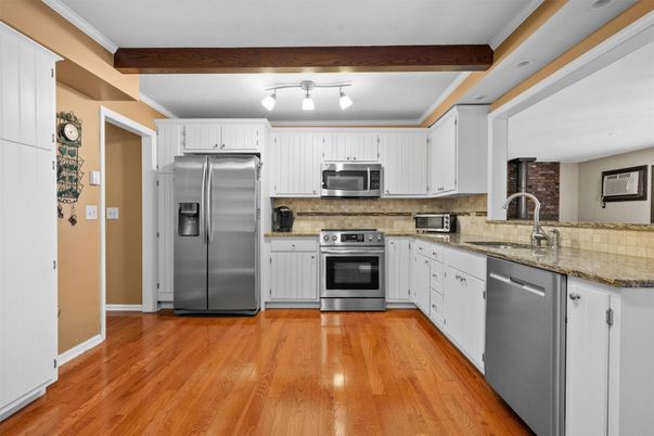 Interior, Kitchen, Stainless Steel Appliances, Wooden Beams, Wood Texture Flooring