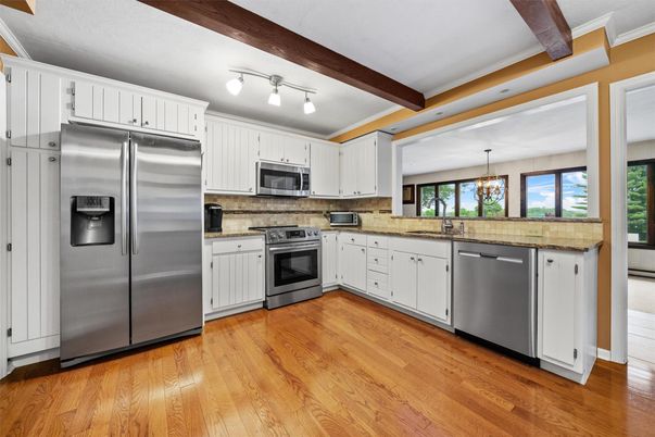 Chandelier, Interior, Kitchen, Stainless Steel Appliances, Wooden Beams, Wood Texture Flooring