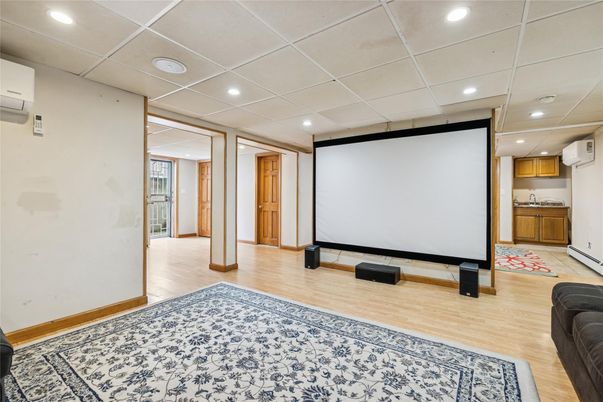 Interior, Projection Screen, Recessed Lighting, Wood Texture Flooring