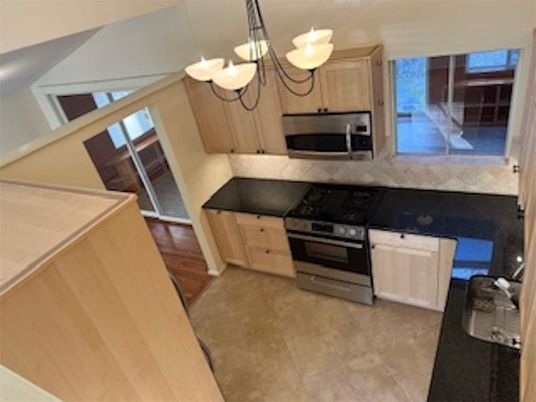 Interior, Kitchen, Pendant Lights, Stainless Steel Appliances, Wood Texture Flooring