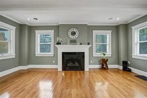 Empty room, Fireplace, Interior, Recessed Lighting, Wood Texture Flooring