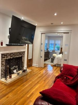 Bedroom, Fireplace, Interior, Recessed Lighting, Wood Texture Flooring