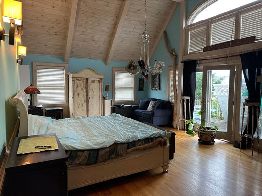 Bedroom, Chandelier, Interior, Pendant Lights, Wooden Ceilings, Wood Texture Flooring