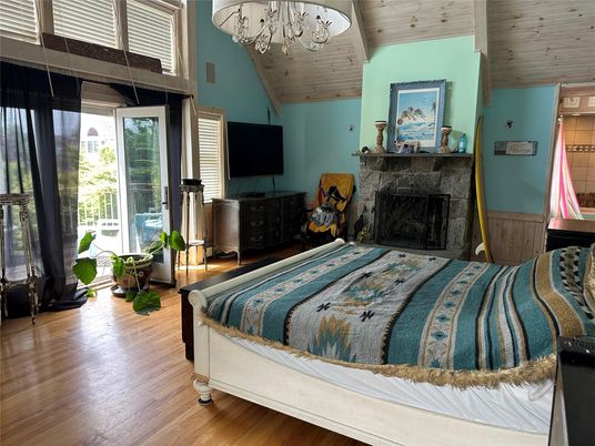 Bedroom, Chandelier, Fireplace, Interior, Wooden Ceilings, Wood Texture Flooring