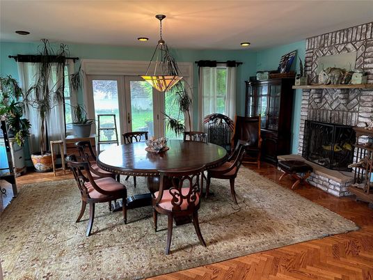 Dining room, Fireplace, Interior, Pendant Lights, Recessed Lighting, Wood Texture Flooring