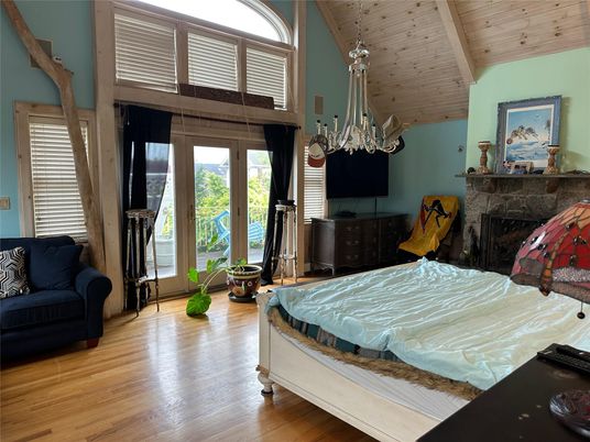 Bedroom, Chandelier, Fireplace, Interior, Wooden Ceilings, Wood Texture Flooring