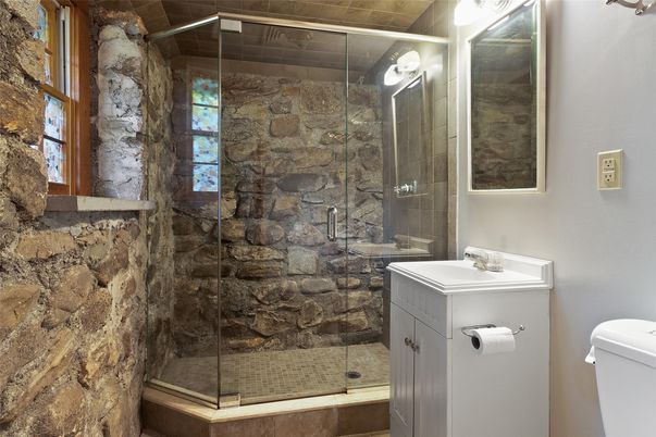 Bathroom, Glass Shower, Interior, Stone Walls