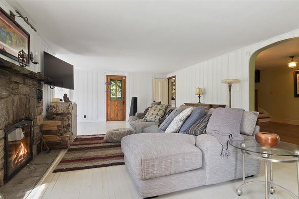 Fireplace, Interior, Living room, Stone Walls, Wood Texture Flooring